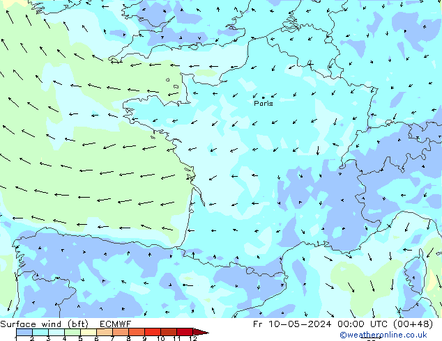 Bodenwind (bft) ECMWF Fr 10.05.2024 00 UTC