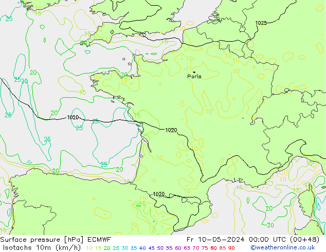 Isotachs (kph) ECMWF  10.05.2024 00 UTC
