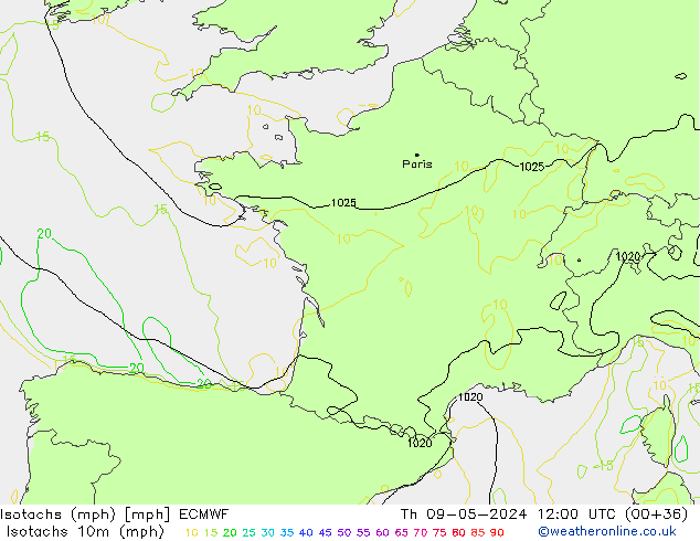 Isotachs (mph) ECMWF Čt 09.05.2024 12 UTC