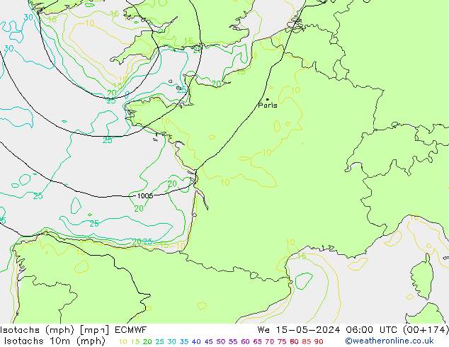 Izotacha (mph) ECMWF śro. 15.05.2024 06 UTC