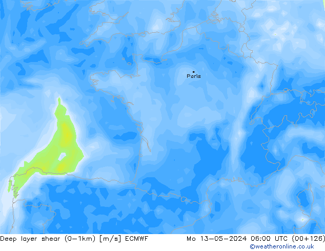 Deep layer shear (0-1km) ECMWF pon. 13.05.2024 06 UTC
