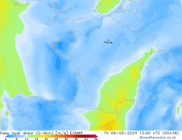 Deep layer shear (0-6km) ECMWF Qui 09.05.2024 12 UTC