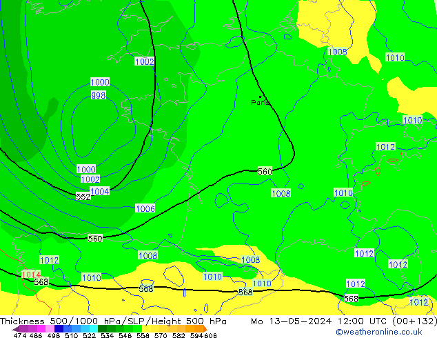 Thck 500-1000гПа ECMWF пн 13.05.2024 12 UTC