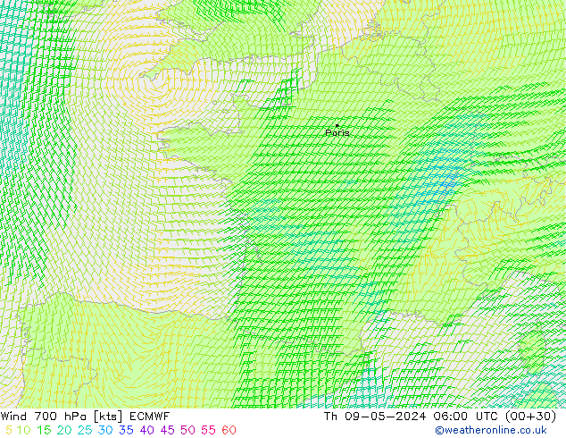 Wind 700 hPa ECMWF Th 09.05.2024 06 UTC