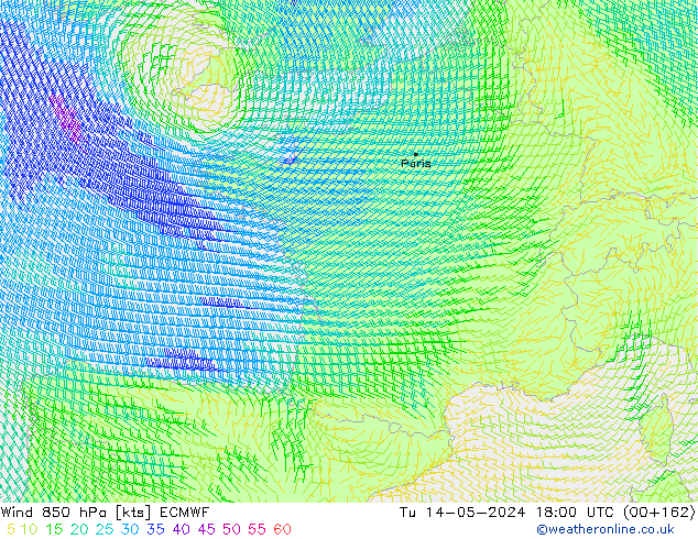 Wind 850 hPa ECMWF Tu 14.05.2024 18 UTC