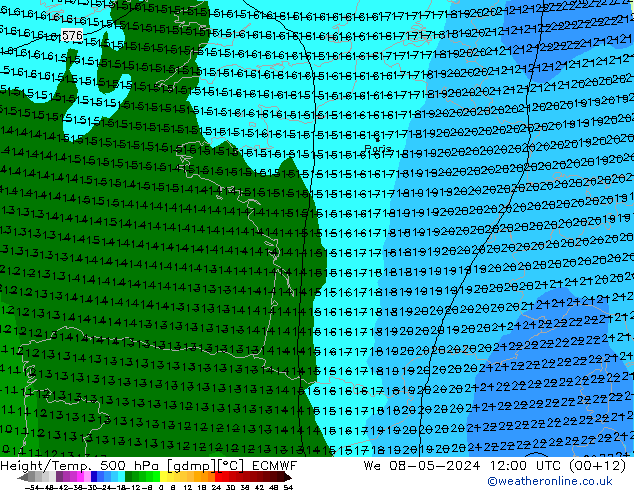 Z500/Rain (+SLP)/Z850 ECMWF Mi 08.05.2024 12 UTC