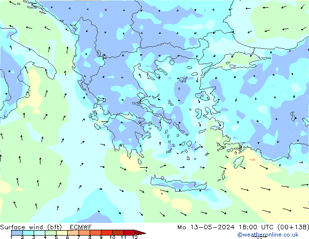 Surface wind (bft) ECMWF Mo 13.05.2024 18 UTC