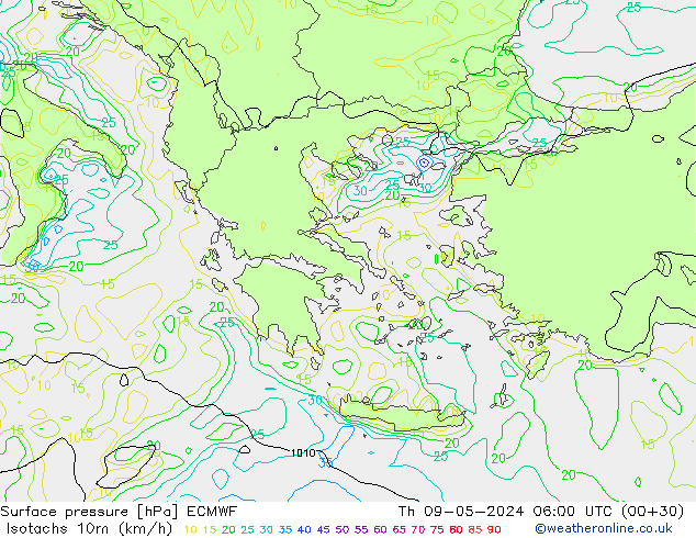 Isotachs (kph) ECMWF Čt 09.05.2024 06 UTC