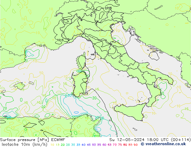Eşrüzgar Hızları (km/sa) ECMWF Paz 12.05.2024 18 UTC