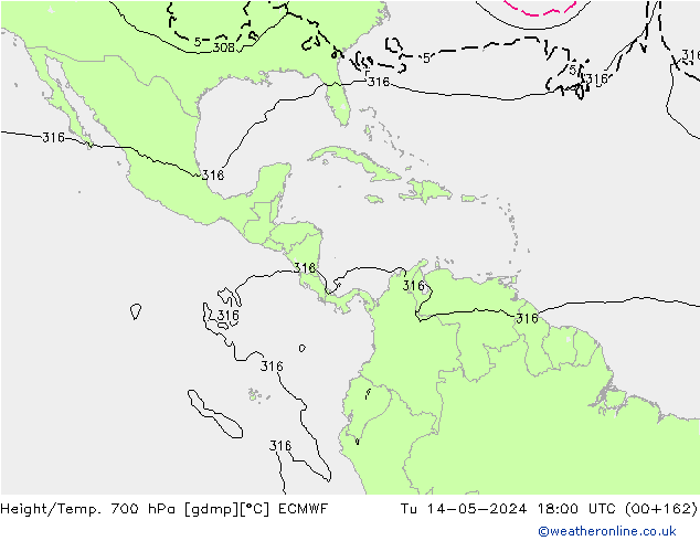Height/Temp. 700 hPa ECMWF Tu 14.05.2024 18 UTC