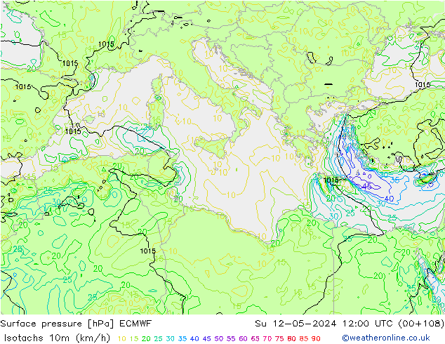 Isotachs (kph) ECMWF Su 12.05.2024 12 UTC