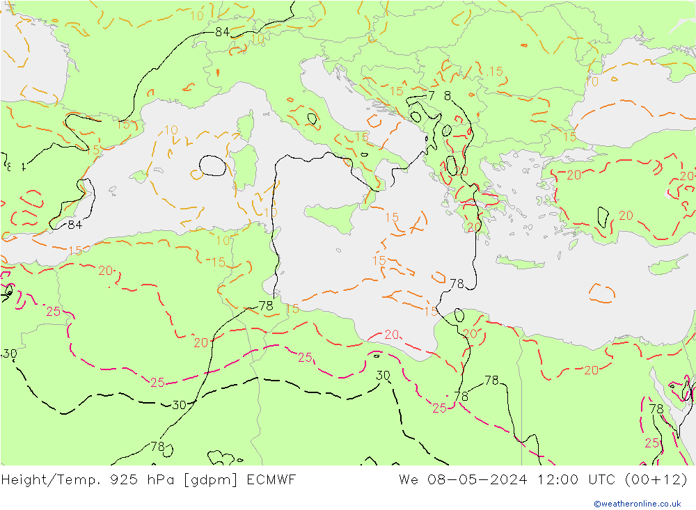 Height/Temp. 925 hPa ECMWF We 08.05.2024 12 UTC