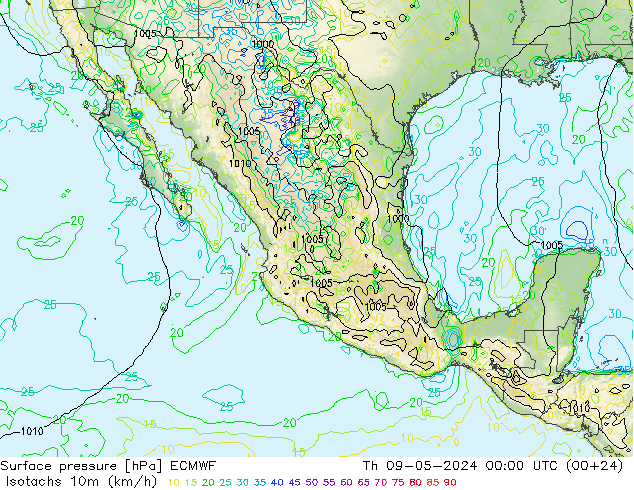 Isotaca (kph) ECMWF jue 09.05.2024 00 UTC