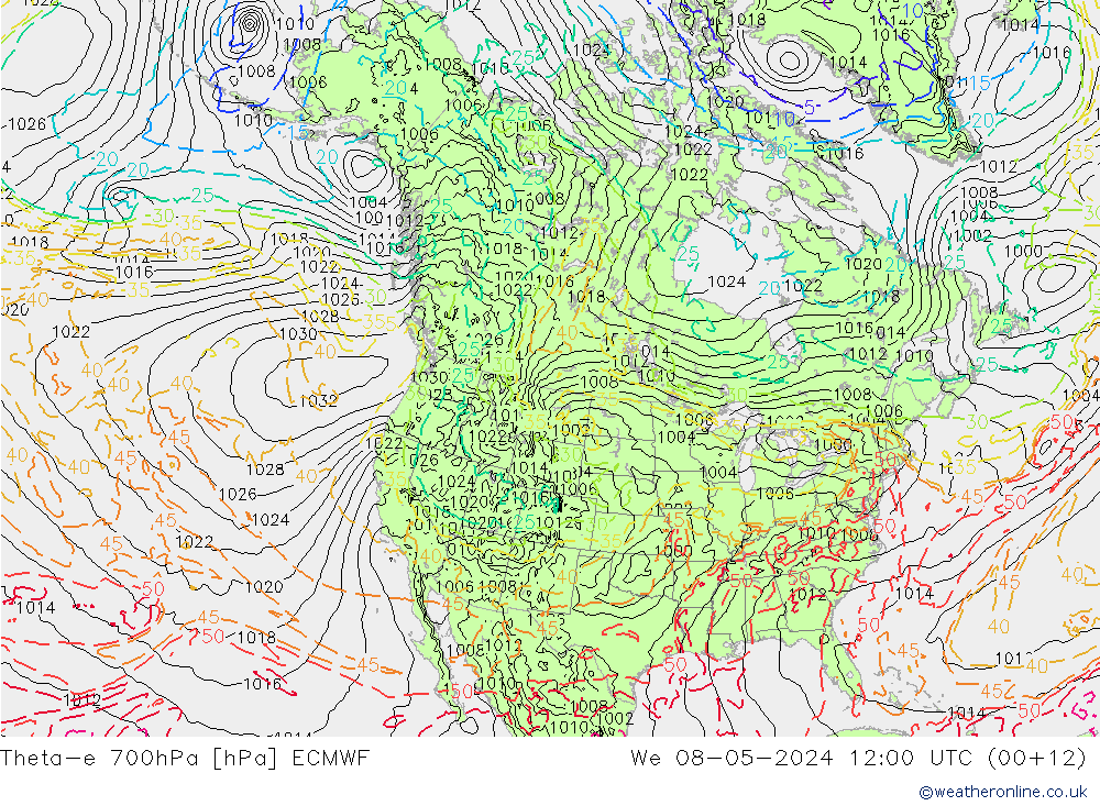 Theta-e 700hPa ECMWF wo 08.05.2024 12 UTC