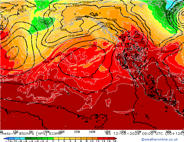 Theta-W 850hPa ECMWF ma 13.05.2024 06 UTC