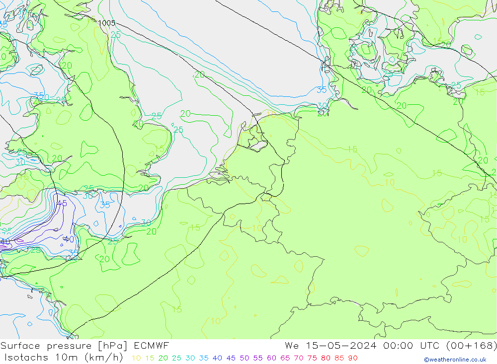 Isotachs (kph) ECMWF mer 15.05.2024 00 UTC