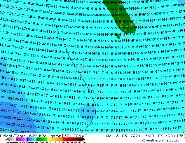 Height/Temp. 500 hPa ECMWF Mo 13.05.2024 18 UTC