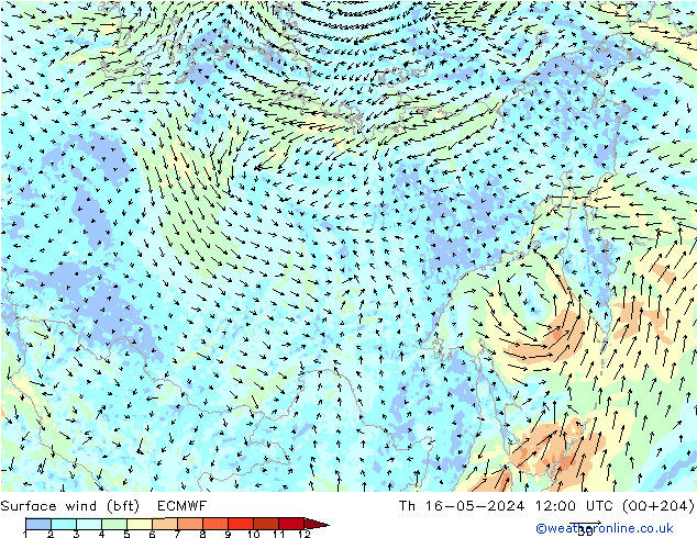Surface wind (bft) ECMWF Th 16.05.2024 12 UTC