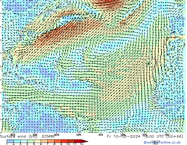 Surface wind (bft) ECMWF Fr 10.05.2024 18 UTC