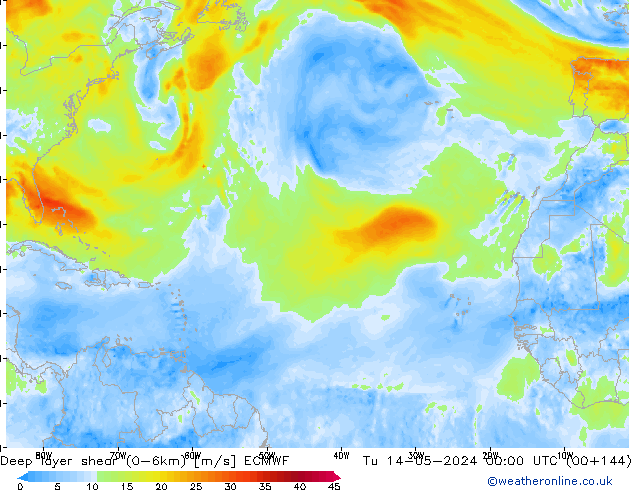 Deep layer shear (0-6km) ECMWF Ter 14.05.2024 00 UTC