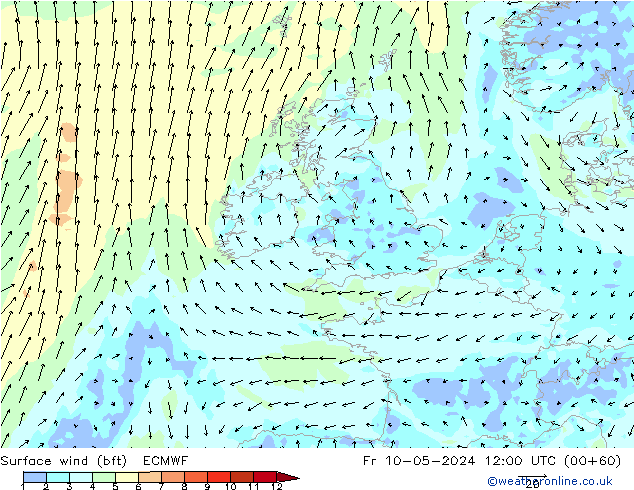 Surface wind (bft) ECMWF Fr 10.05.2024 12 UTC