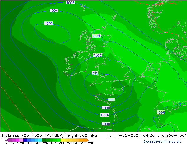 Thck 700-1000 hPa ECMWF Tu 14.05.2024 06 UTC