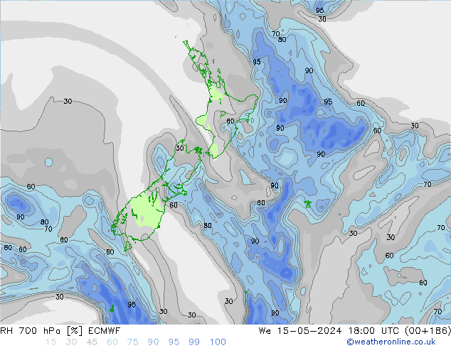 RH 700 hPa ECMWF mer 15.05.2024 18 UTC