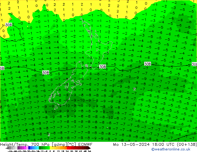 Géop./Temp. 700 hPa ECMWF lun 13.05.2024 18 UTC