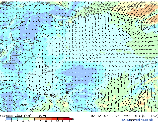 Surface wind (bft) ECMWF Mo 13.05.2024 12 UTC