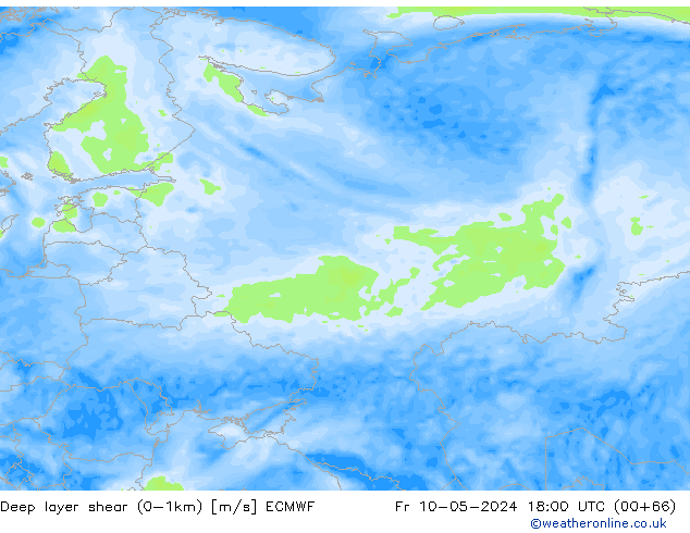 Deep layer shear (0-1km) ECMWF Fr 10.05.2024 18 UTC