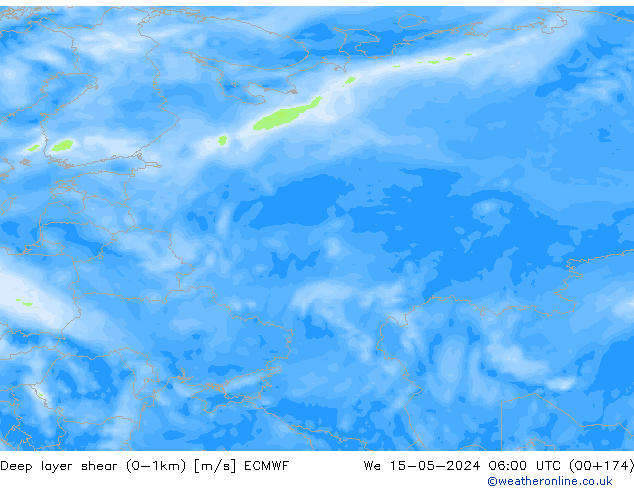 Deep layer shear (0-1km) ECMWF St 15.05.2024 06 UTC