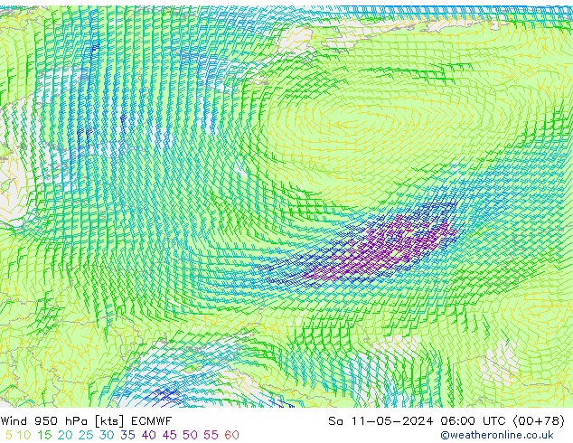 Wind 950 hPa ECMWF Sa 11.05.2024 06 UTC