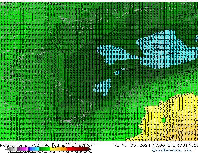 Height/Temp. 700 гПа ECMWF пн 13.05.2024 18 UTC