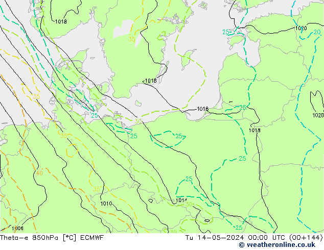 Theta-e 850hPa ECMWF Tu 14.05.2024 00 UTC