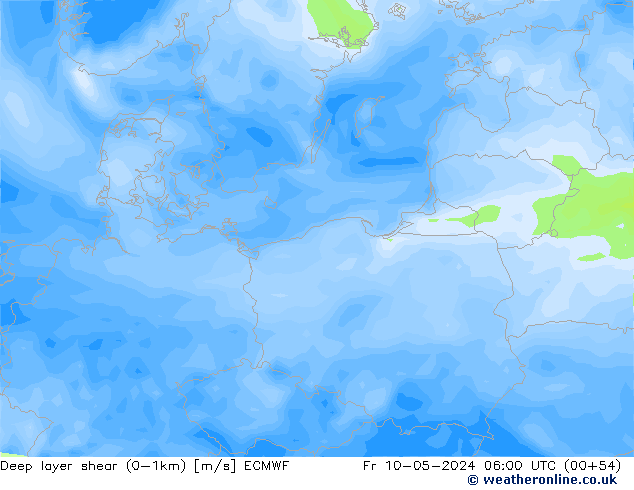 Deep layer shear (0-1km) ECMWF vr 10.05.2024 06 UTC