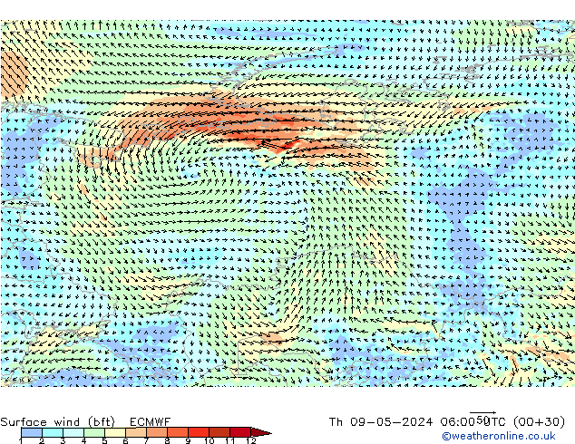 Rüzgar 10 m (bft) ECMWF Per 09.05.2024 06 UTC