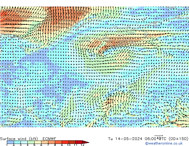 wiatr 10 m (bft) ECMWF wto. 14.05.2024 06 UTC