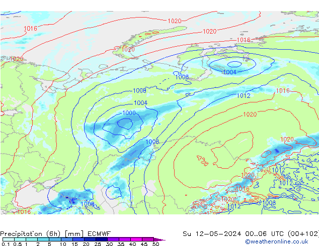 Precipitation (6h) ECMWF Su 12.05.2024 06 UTC