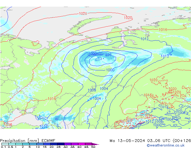 Srážky ECMWF Po 13.05.2024 06 UTC