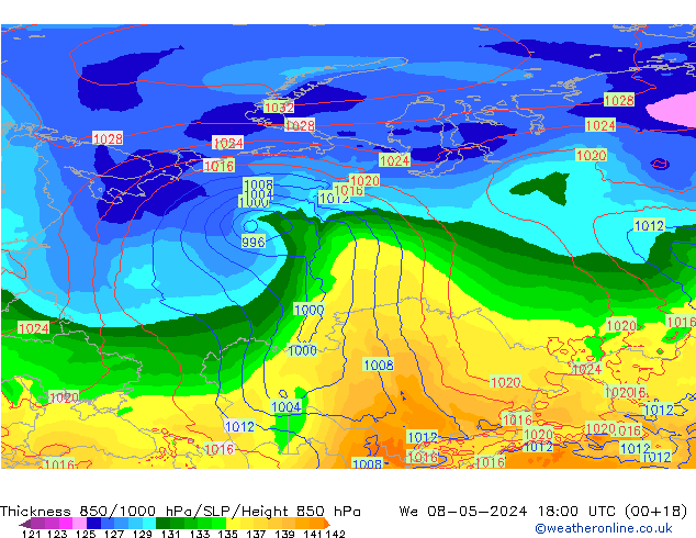 Dikte 850-1000 hPa ECMWF wo 08.05.2024 18 UTC