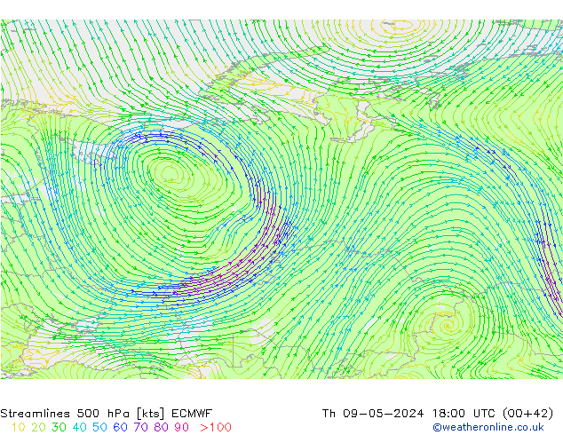 ветер 500 гПа ECMWF чт 09.05.2024 18 UTC