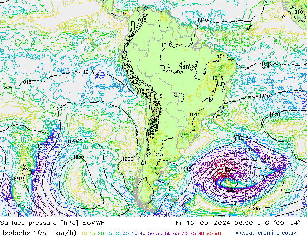 Isotachs (kph) ECMWF Fr 10.05.2024 06 UTC