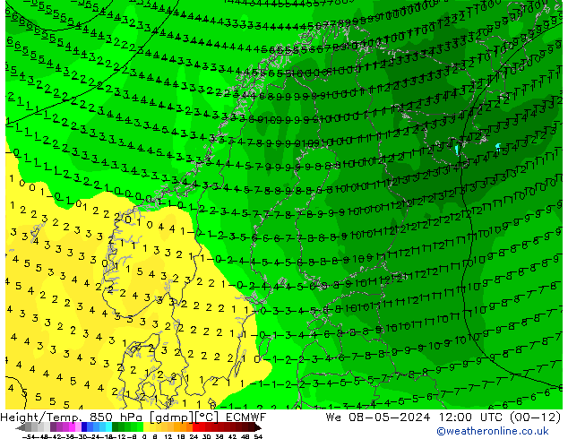 Z500/Rain (+SLP)/Z850 ECMWF Qua 08.05.2024 12 UTC