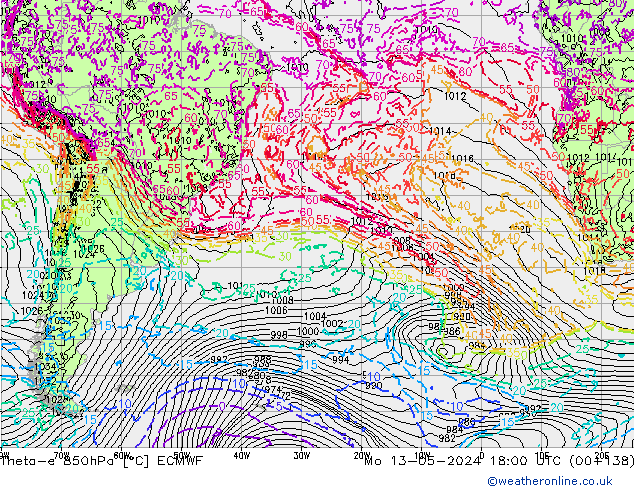 Theta-e 850hPa ECMWF Mo 13.05.2024 18 UTC