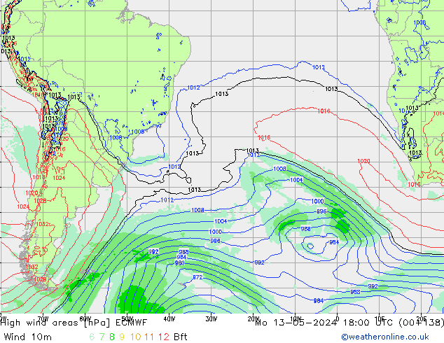 yüksek rüzgarlı alanlar ECMWF Pzt 13.05.2024 18 UTC