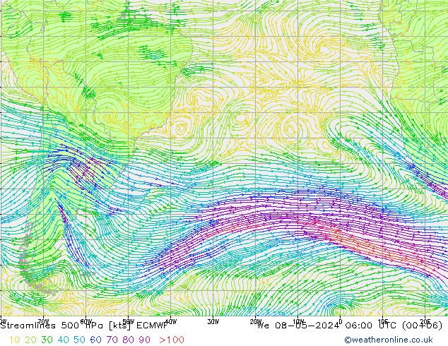 Streamlines 500 hPa ECMWF We 08.05.2024 06 UTC