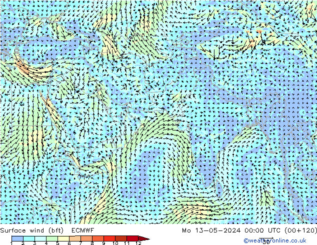 wiatr 10 m (bft) ECMWF pon. 13.05.2024 00 UTC