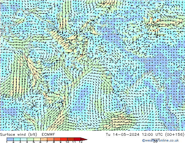 ве�Bе�@ 10 m (bft) ECMWF вт 14.05.2024 12 UTC