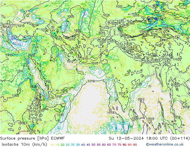 Eşrüzgar Hızları (km/sa) ECMWF Paz 12.05.2024 18 UTC