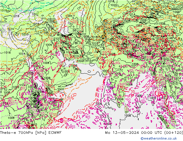 Theta-e 700hPa ECMWF pon. 13.05.2024 00 UTC